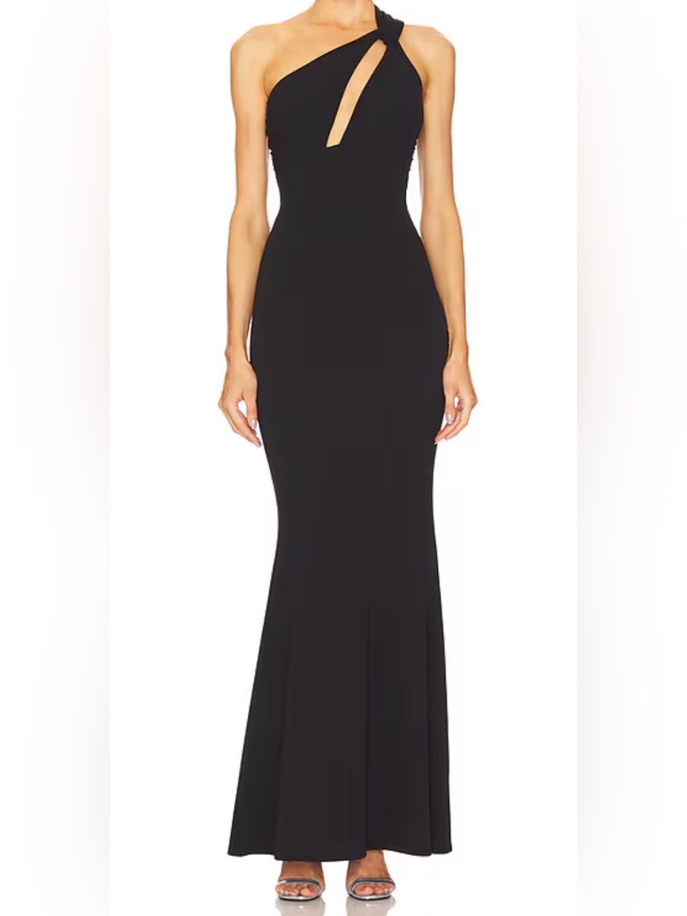 🆕katie may REVOLVE Edgy Black Crepe Asymmetrical Cut-Out Bridesmaid Maxi Dress S